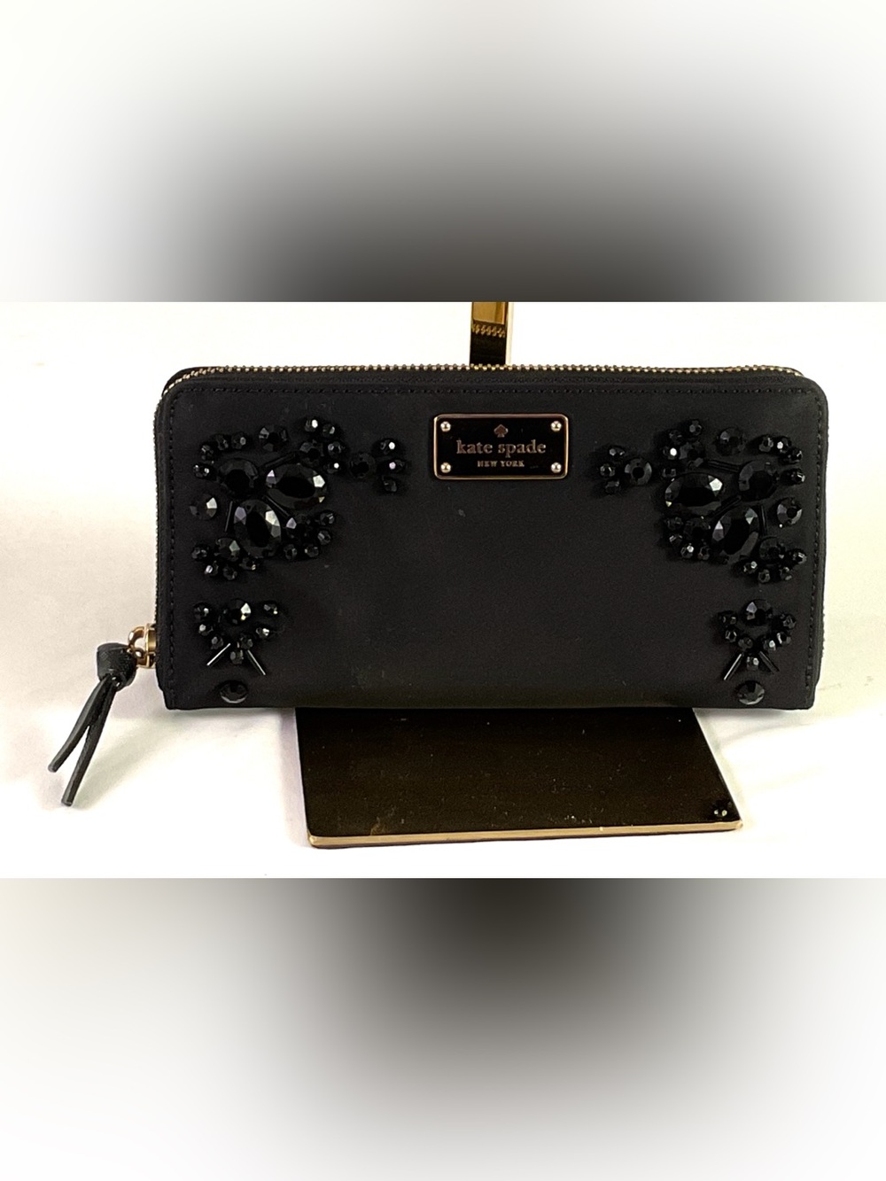 Kate Spade-“WILSON”-durable, black nylon fabric -beaded zip around wallet